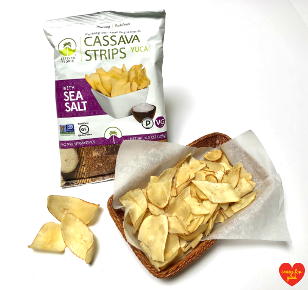 Artisan Tropics Cassava Strips - Sea salt in bag and basket. 