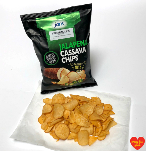 Jan's Jalapeño Cassava Chips - A bag and a pile laid out on parchment. 