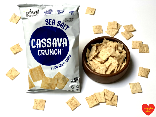 Plant Snacks Cassava Crunch - sea salt. Bag, in a bowl, and scattered on table. 
