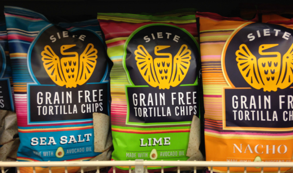 3 bags of Siete Grain Free Tortilla Chips, one in each variety - sea salt, lime, and nacho. 