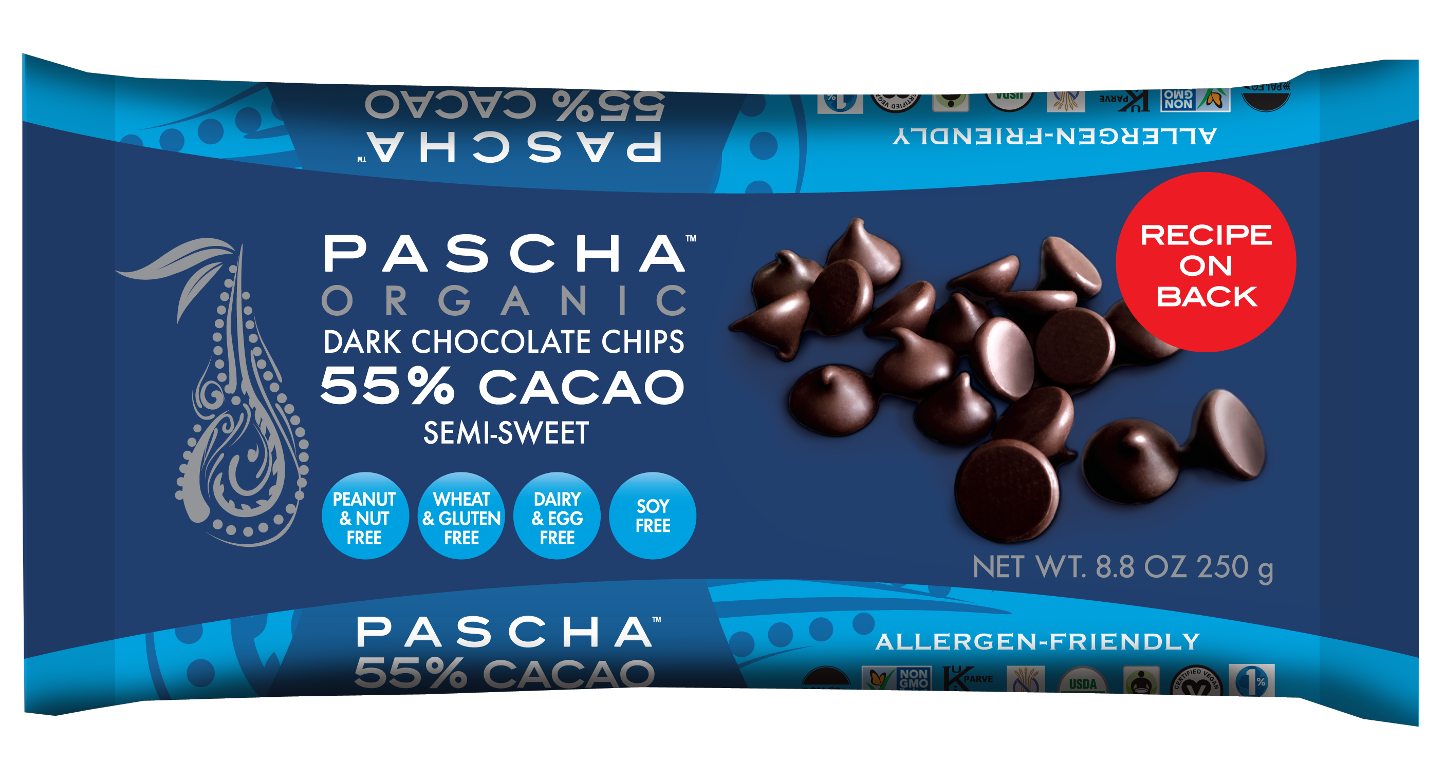 Bag of Pascha Organic Dark Chocolate Chips 55% Cacao Semi-Sweet.
