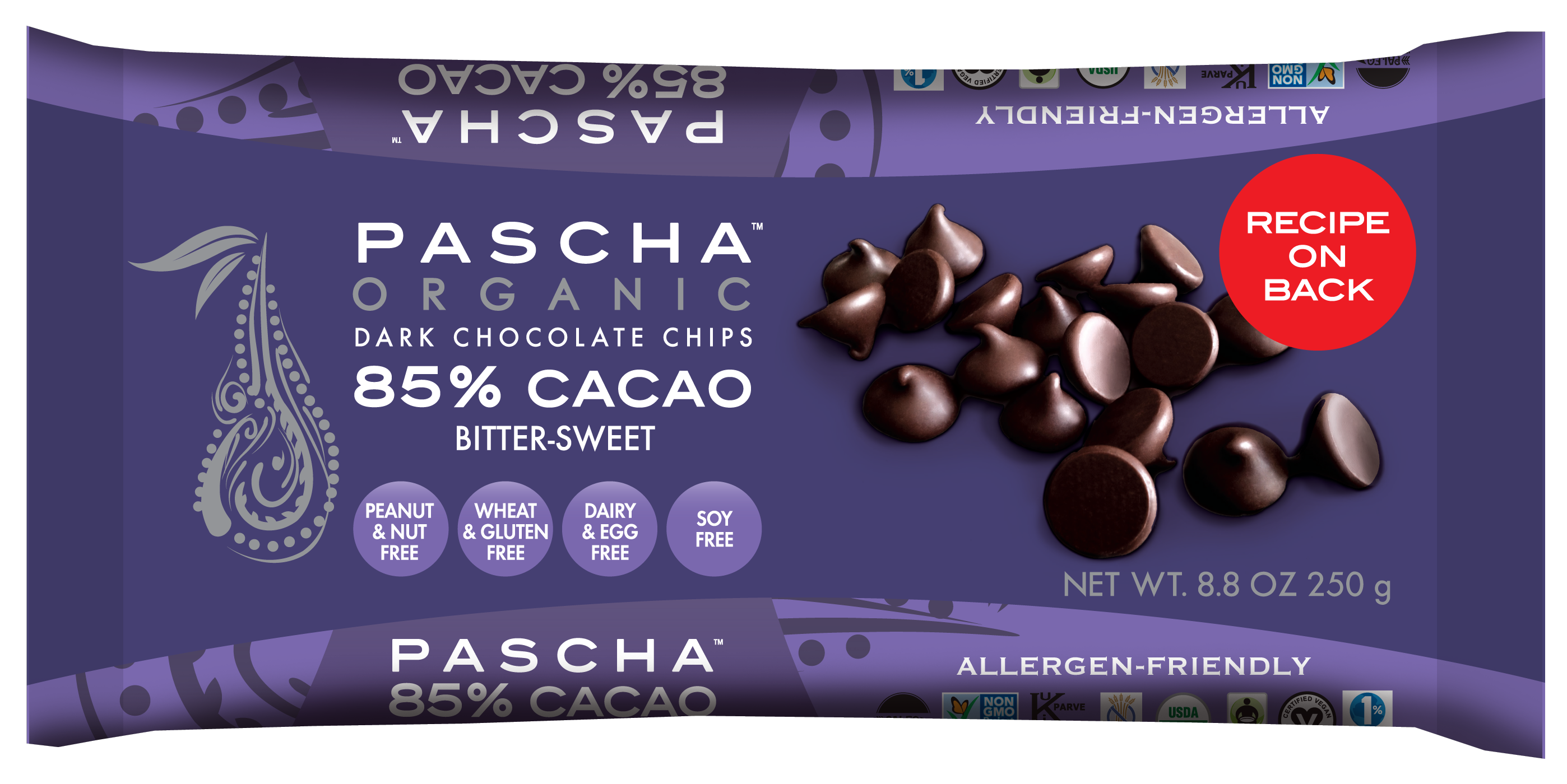 Pascha Organic Dark Chocolate Chips 85% Cacao Semi-Sweet. 