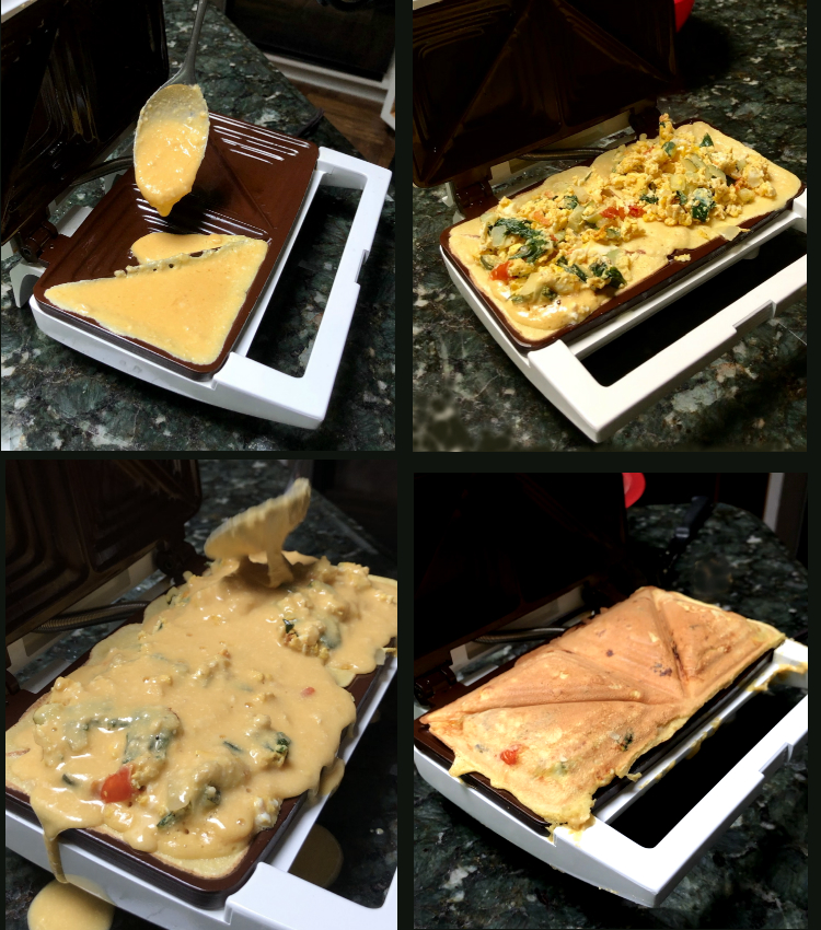 Four pictures showing the steps in making Grain-Free Pancake Pockets in a sandwich maker. CrazyForYuca.com